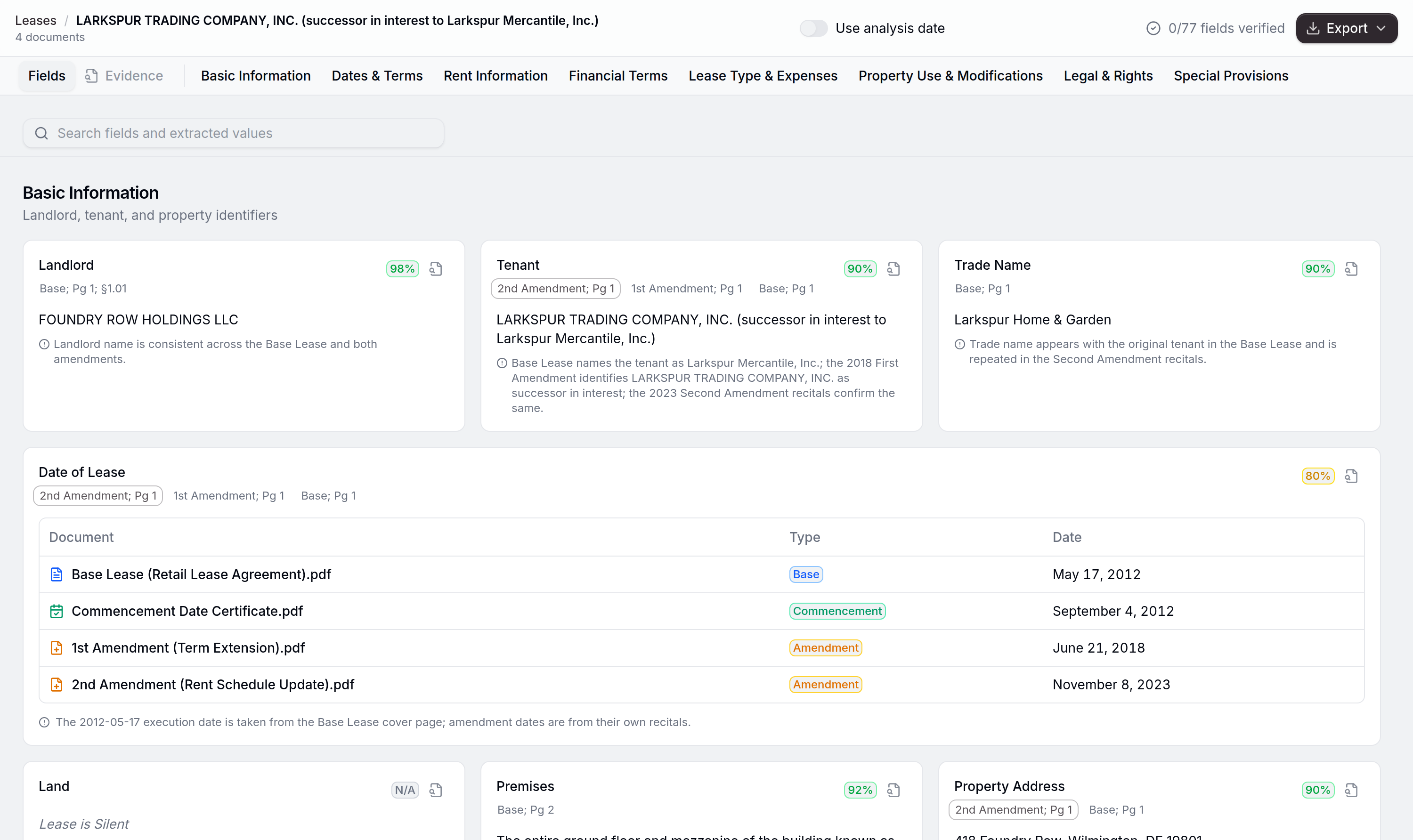 Crevanta LeaseIQ lease details: extracted fields with confidence scores and clickable per-document citations across a base lease, commencement certificate, and two amendments